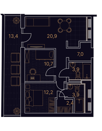 Планировка 3-комн 74,4 м²