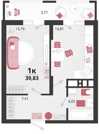 Планировка 1-комн 39,83 м²