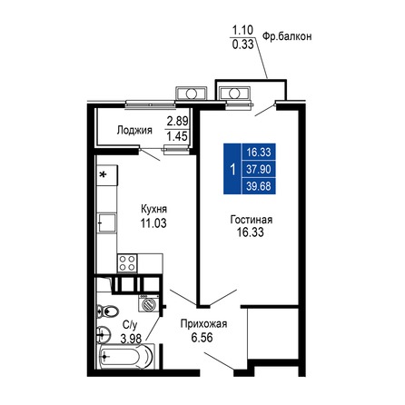 Планировка 1-комн 39,68 м²