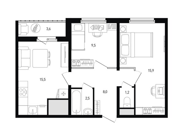 Планировка 2-комн 54,4, 54,9 м²