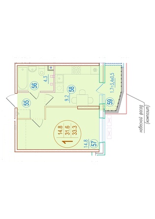 Планировка 1-комн 33,3 м²