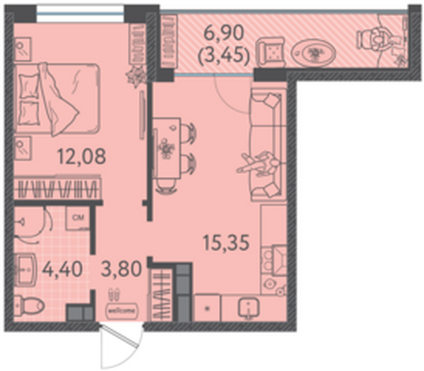 Планировка 1-комн 39,08 м²