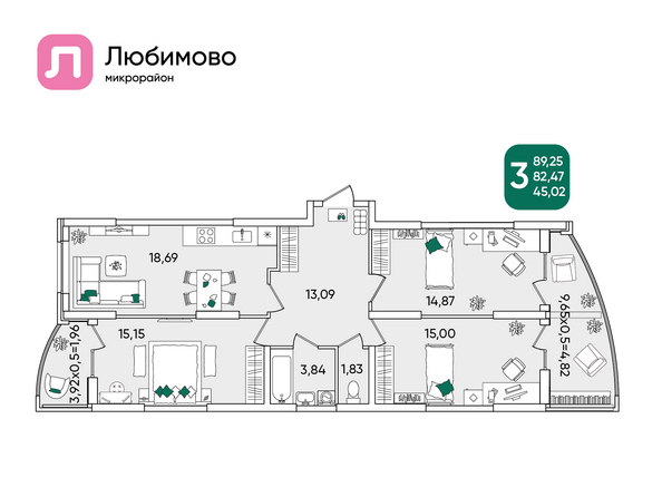 Планировка 3-комн 88,45 - 89,74 м²