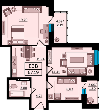 Планировка 3-комн 67,6, 67,7 м²