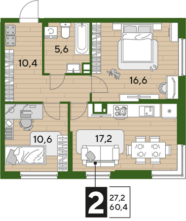 Планировка 2-комн 60,4 м²