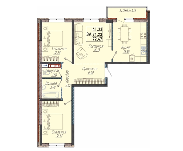 Планировка 3-комн 72,47 м²