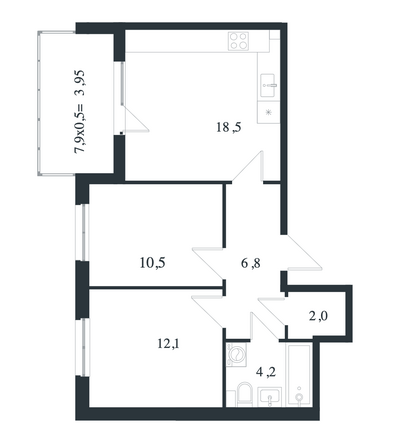 Планировка 2-комн 58,05 м²