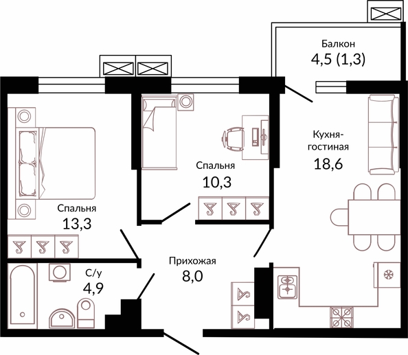 Планировка 2-комн 56,4 м²