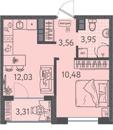 Планировка 1-комн 31,68 м²