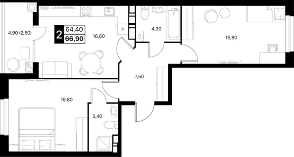 Планировка 2-комн 66,9 м²