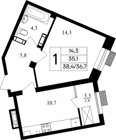 Планировка 1-комн 38,4 м²