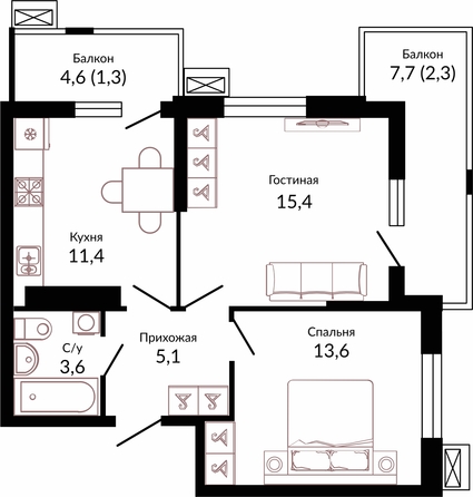 Планировка 2-комн 52,7 м²