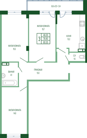 Планировка 3-комн 80,3, 80,9 м²