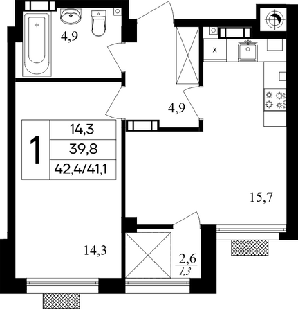 Планировка 1-комн 42,4 м²