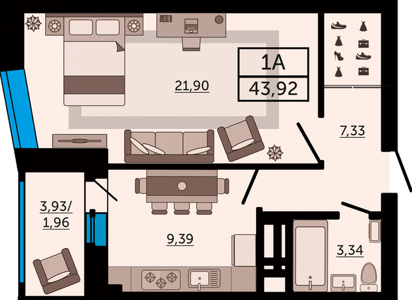 Планировка 1-комн 43,92 м²