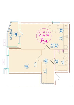 Планировка 2-комн 43,7 м²