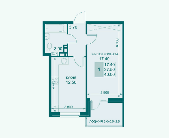 Планировка 1-комн 40, 40,4 м²