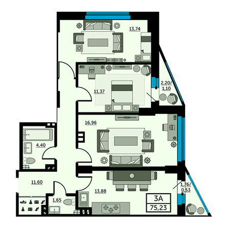 Планировка 3-комн 74,6, 74,9 м²