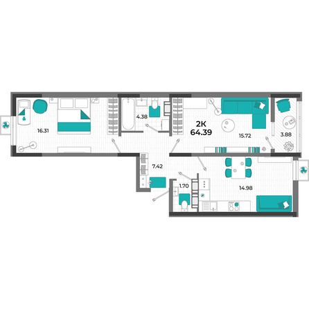 Планировка 2-комн 64,39 м²
