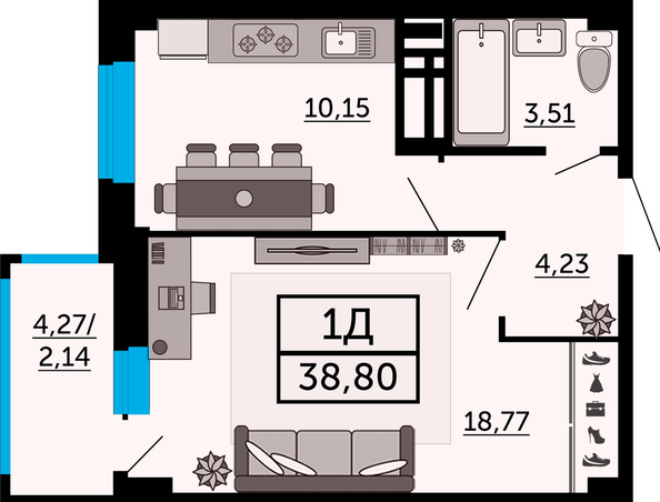 Планировка 1-комн 38,8 м²