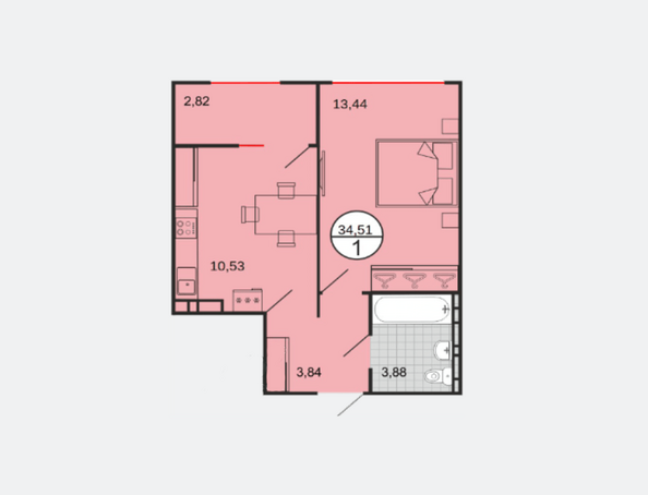 Планировка 1-комн 34,51 м²