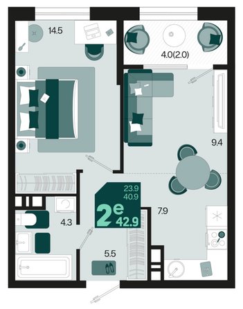 Планировка 2-комн 42,9 м²