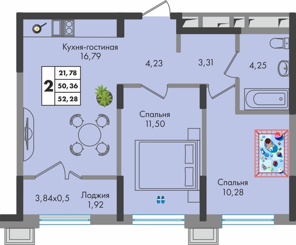 Планировка 2-комн 52,28 м²