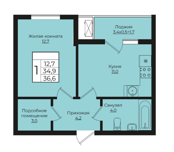 Планировка 1-комн 36,6 м²