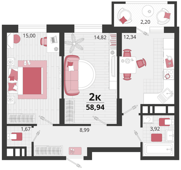 Планировка 2-комн 58,94 м²