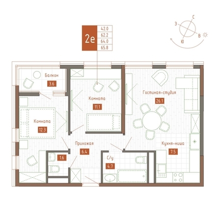 Планировка 2-комн 64, 64,8 м²
