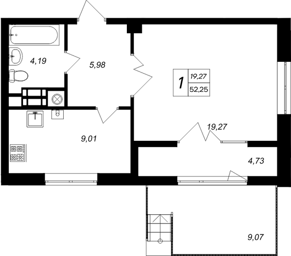 Планировка 1-комн 52,25 м²