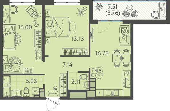 Планировка 2-комн 62,4 - 62,6 м²