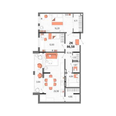 Планировка 2-комн 86,58 м²