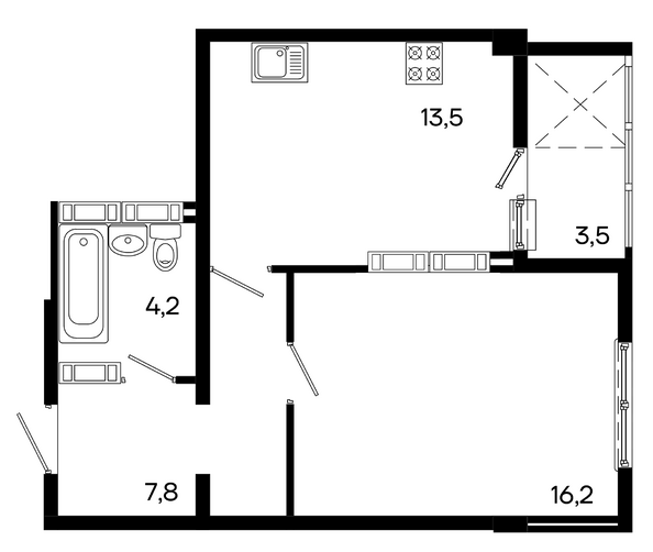 Планировка 1-комн 45,2, 45,3 м²