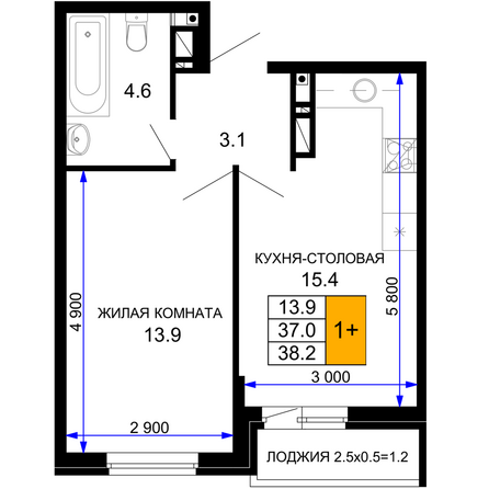 Планировка 1-комн 38,2 м²