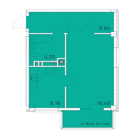 Планировка 1-комн 44,14 м²