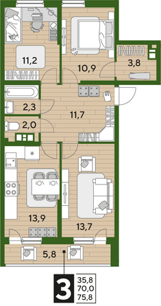 Планировка 3-комн 75,8 м²