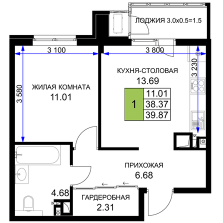 Планировка 1-комн 39,87 м²