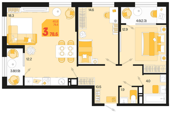 Планировка 3-комн 78,6, 79,3 м²