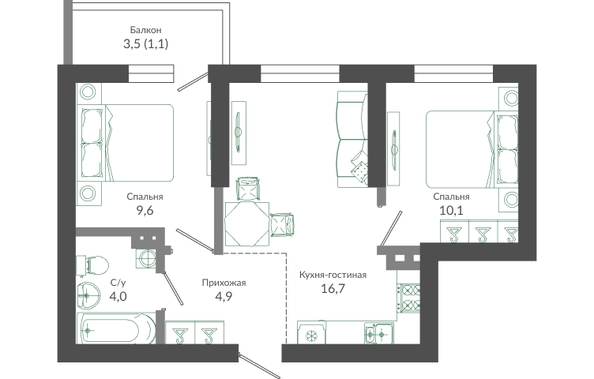 Планировка 2-комн 46,4 м²