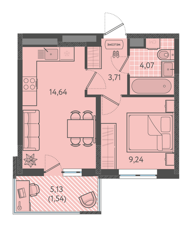 Планировка 1-комн 33,16 - 33,36 м²