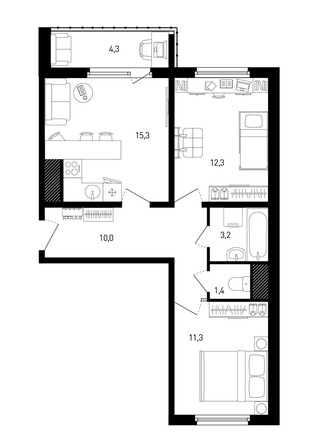 Планировка 2-комн 55,6, 56,2 м²