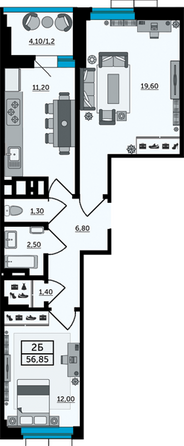 Планировка 2-комн 57,6, 57,7 м²