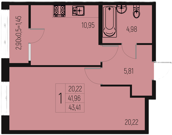 Планировка 1-комн 42,95 - 43,48 м²