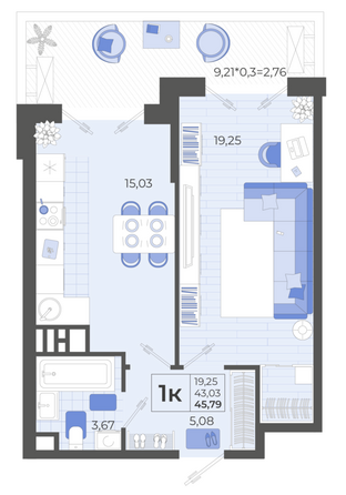 Планировка 1-комн 45,79 м²