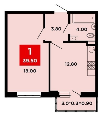 Планировка 1-комн 39,5, 39,6 м²