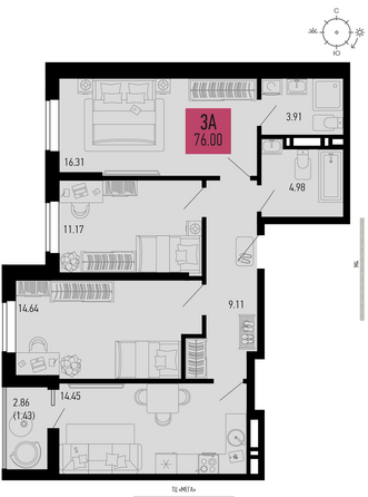 Планировка 3-комн 76 м²