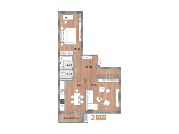 Планировка 2-комн 71,04 м²