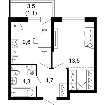 Планировка 1-комн 33,2 м²