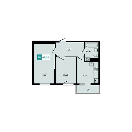 Планировка 2-комн 49,54 м²